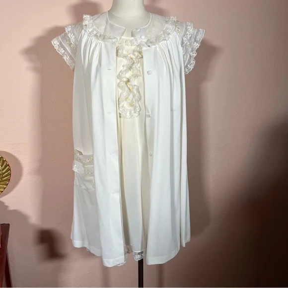 Vintage 1950 Retro Shadowline white Lace Fairycore Peignoir Short Slip Robe Set - Picture 3 of 17